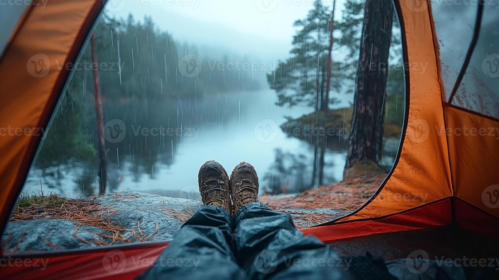 A person enjoys a rainy day camping by a serene lake, surrounded by lush green trees. photo