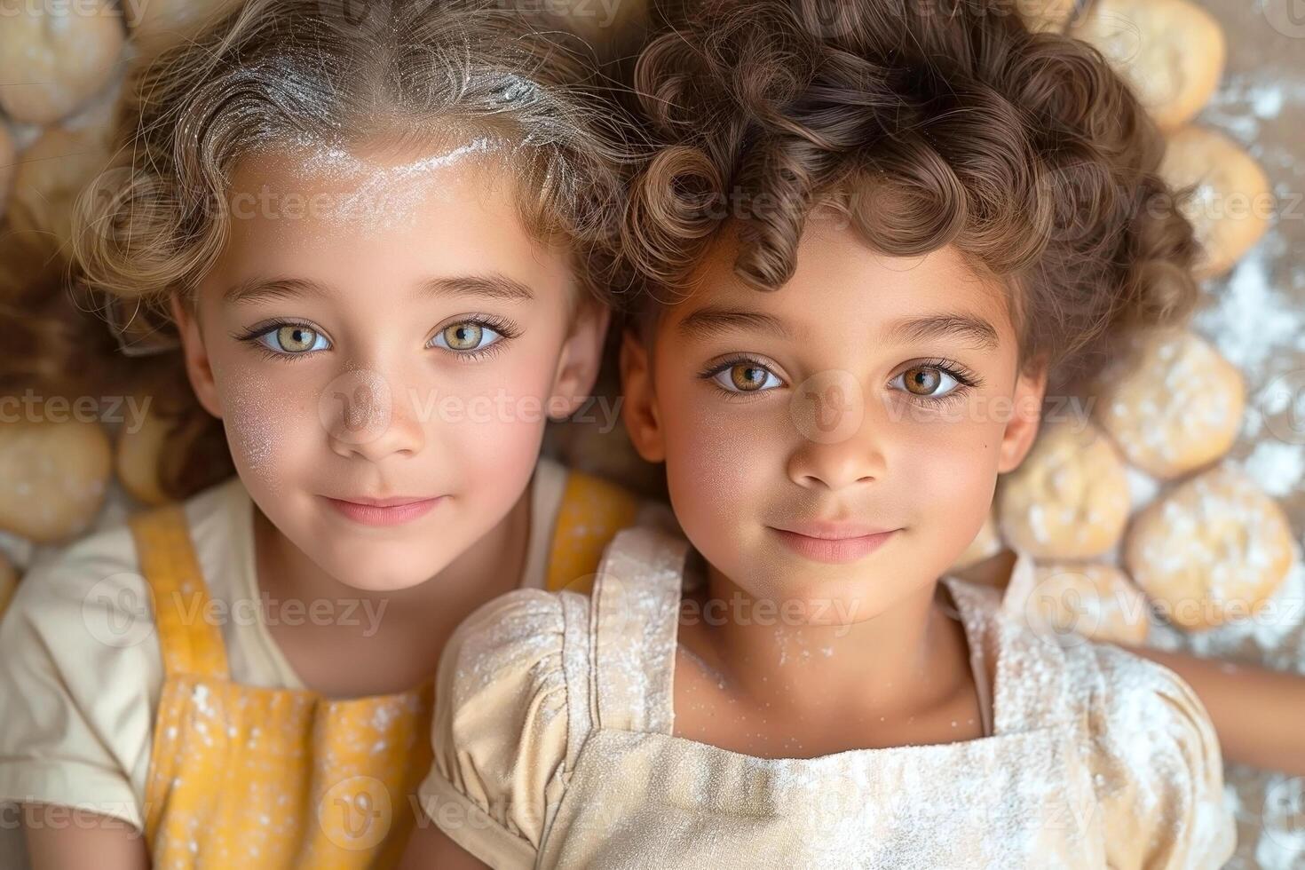 Two young girls, one with curly brown hair and the other with wavy blonde hair, smiling joyfully among freshly baked cookies dusted with flour. photo