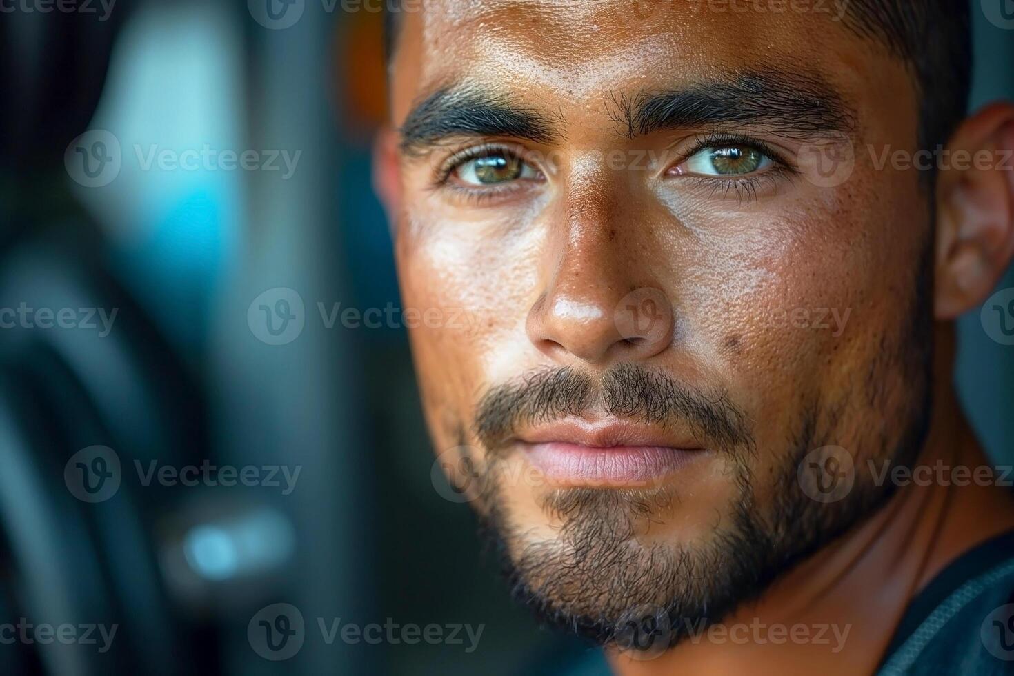 Close-up of a young Hispanic man with striking green eyes and a well-defined beard, exuding confidence and charisma. photo