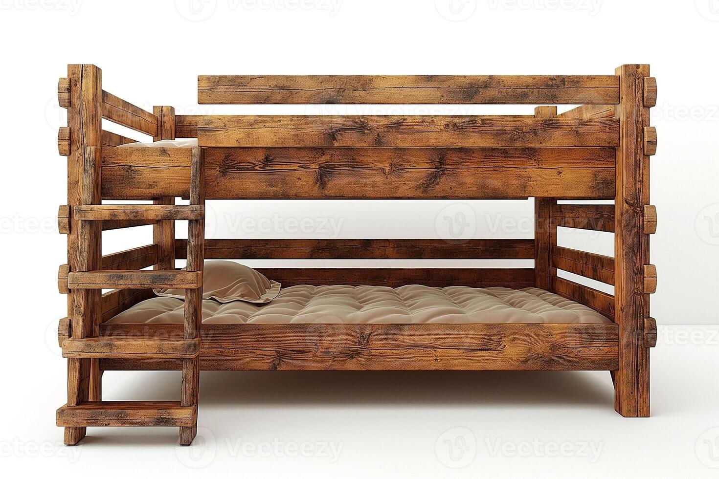 A rustic wooden bunk bed with a warm finish and beige mattress, perfect for children's rooms. photo