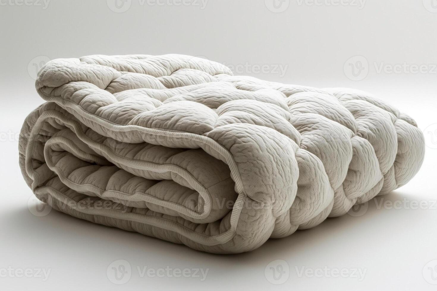 A cozy, quilted blanket elegantly folded on a neutral background. photo