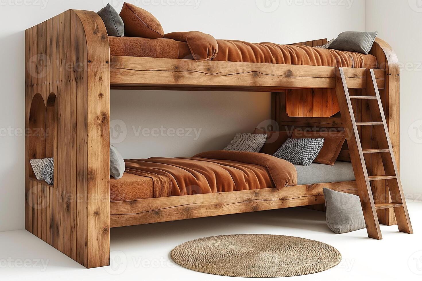 Stylish wooden bunk bed featuring warm tones and cozy bedding in a modern interior setting. photo