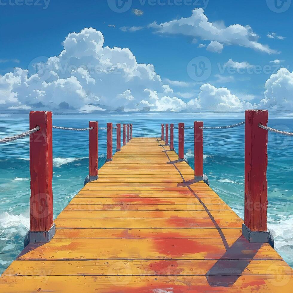 A vibrant, sunlit wooden pier extending over turquoise waters under a bright blue sky with fluffy white clouds. photo