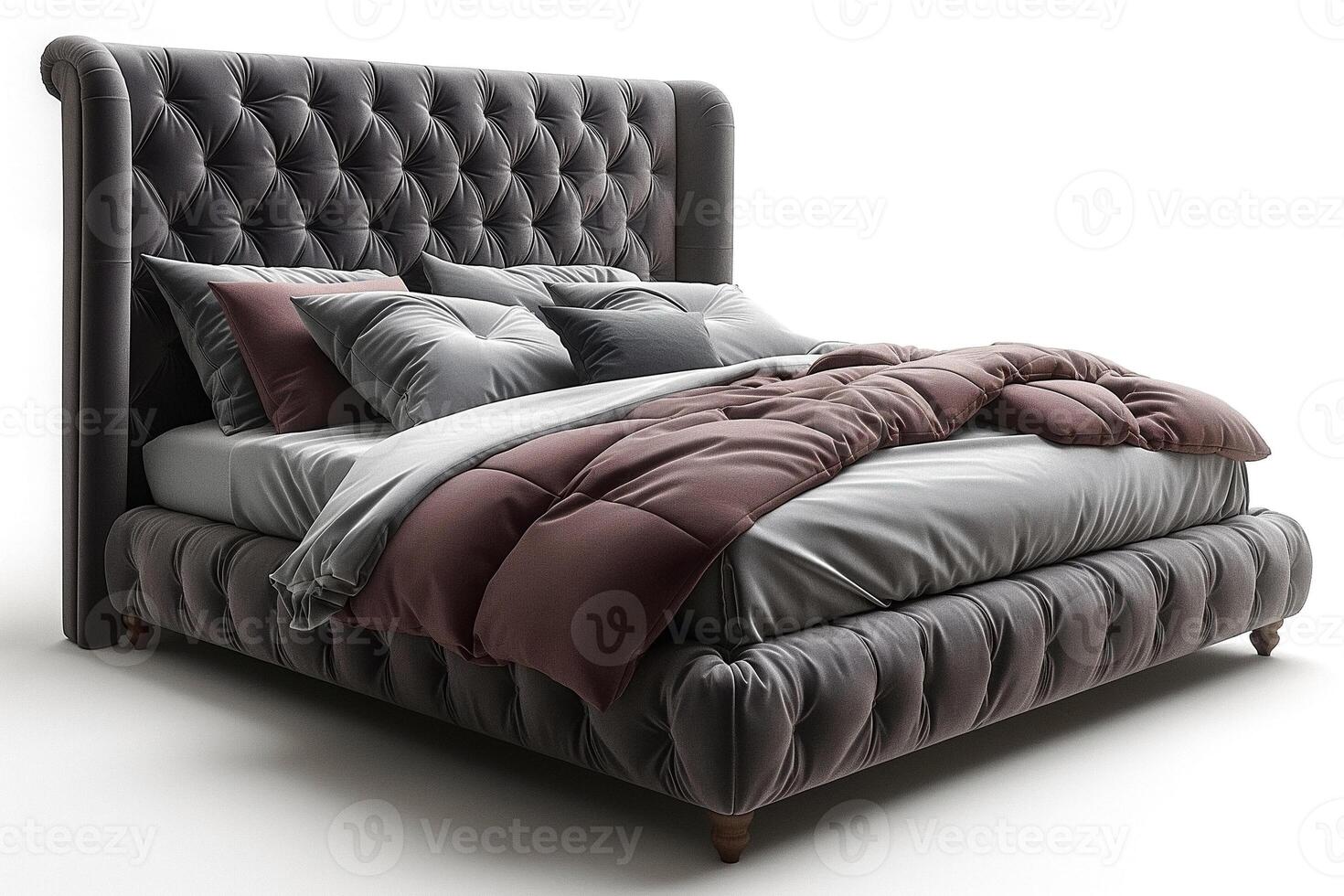Elegant, modern bed with tufted headboard, featuring plush gray and brown bedding, exuding luxury and comfort. photo