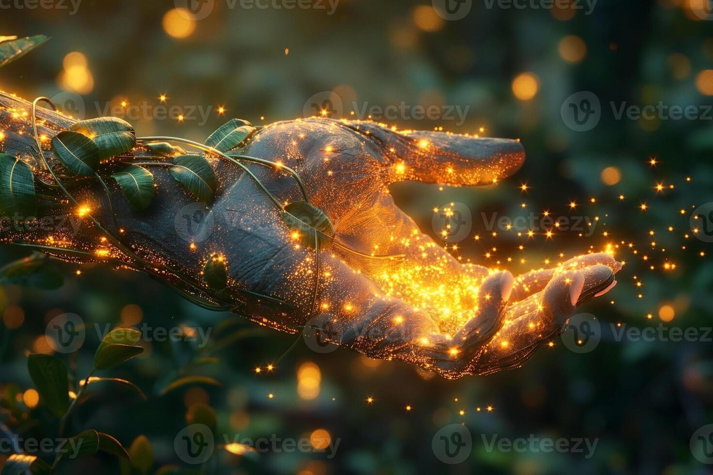 A mystical hand emerging from nature, glowing with golden sparkles and adorned with green vines, embodying a magical ambiance. photo