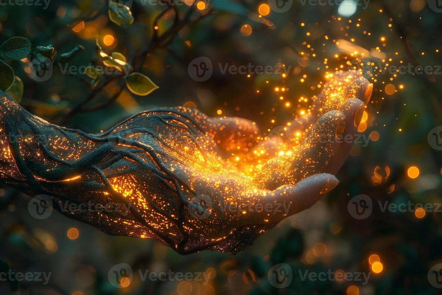 A close-up of a human hand with a glowing, golden aura, surrounded by nature's greenery, evoking a sense of magic and wonder. photo