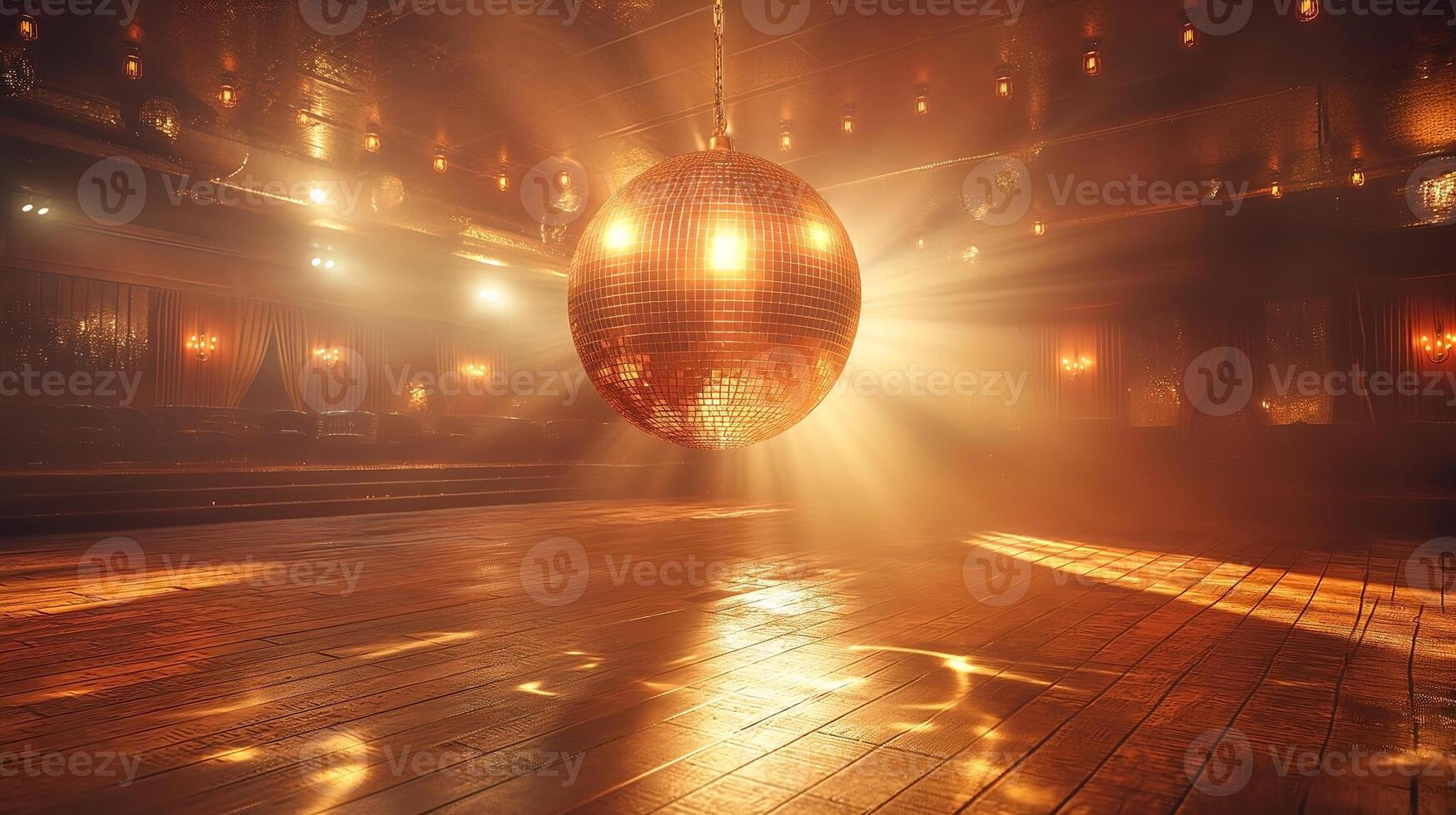 A shimmering disco ball reflecting golden light in a dimly lit dance hall, creating an enchanting atmosphere. photo