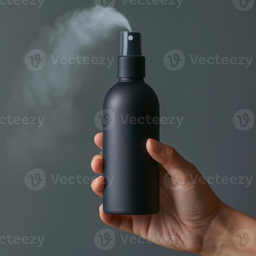 Female hand holding a sleek black spray bottle, releasing a fine mist against a muted gray background. photo