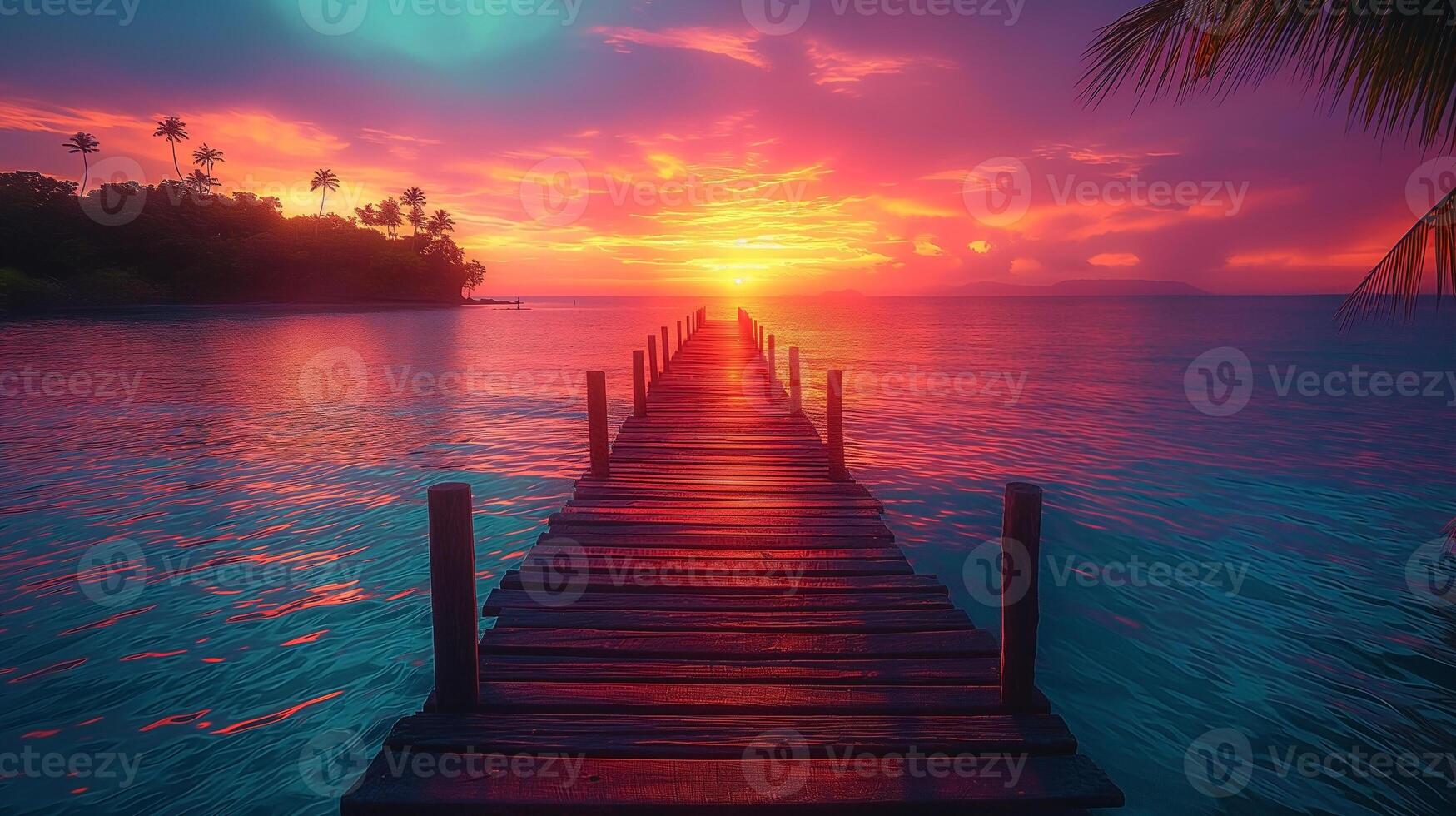 Stunning sunset over tropical waters, captured from a wooden pier surrounded by palm trees. photo