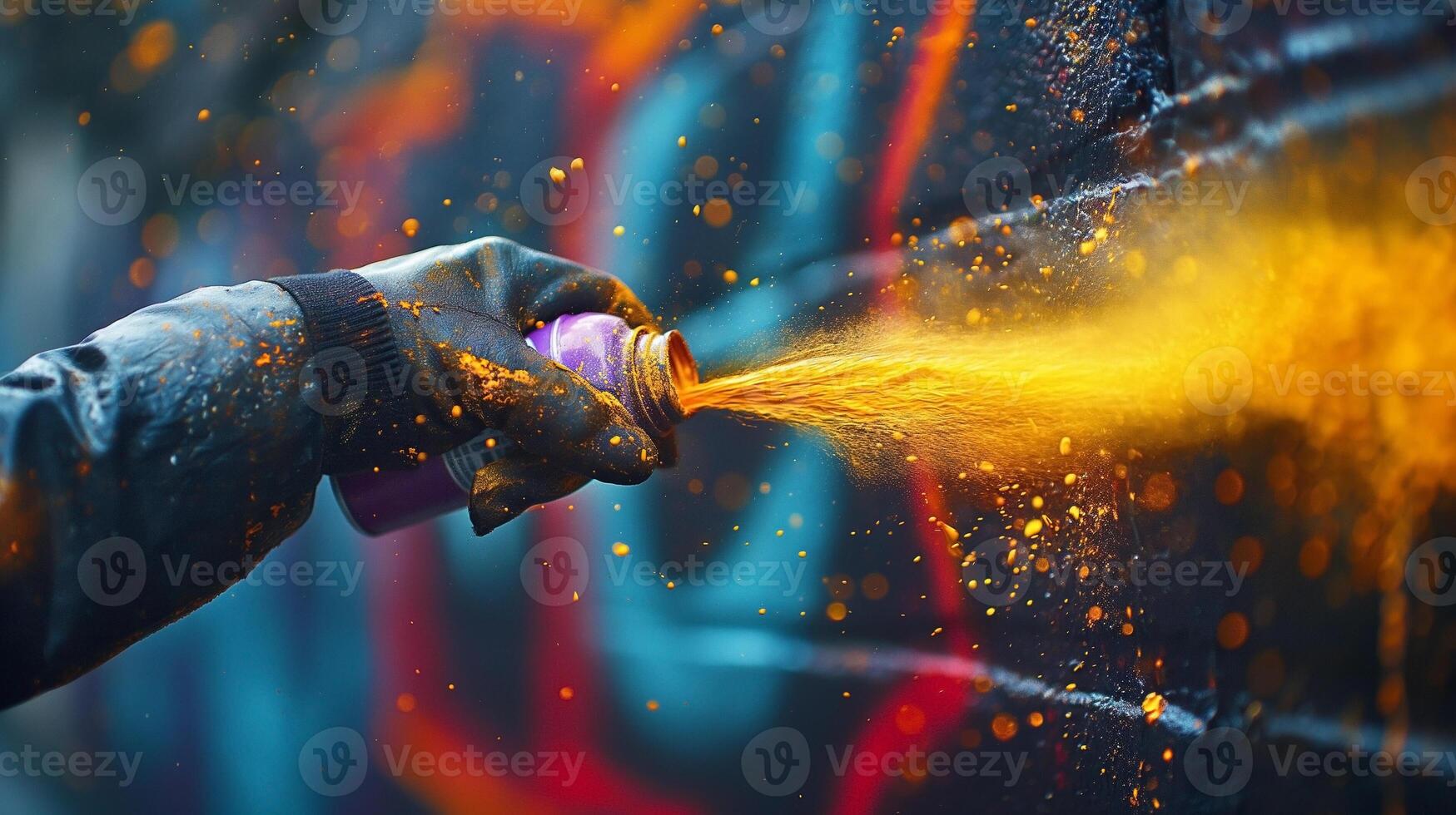 A close-up of a gloved hand spraying vibrant orange paint onto a graffiti-covered wall. photo