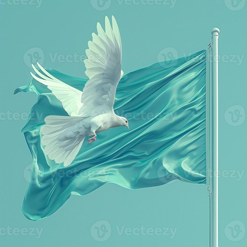 A white dove gracefully soars near a flowing turquoise flag, symbolizing peace and freedom. photo