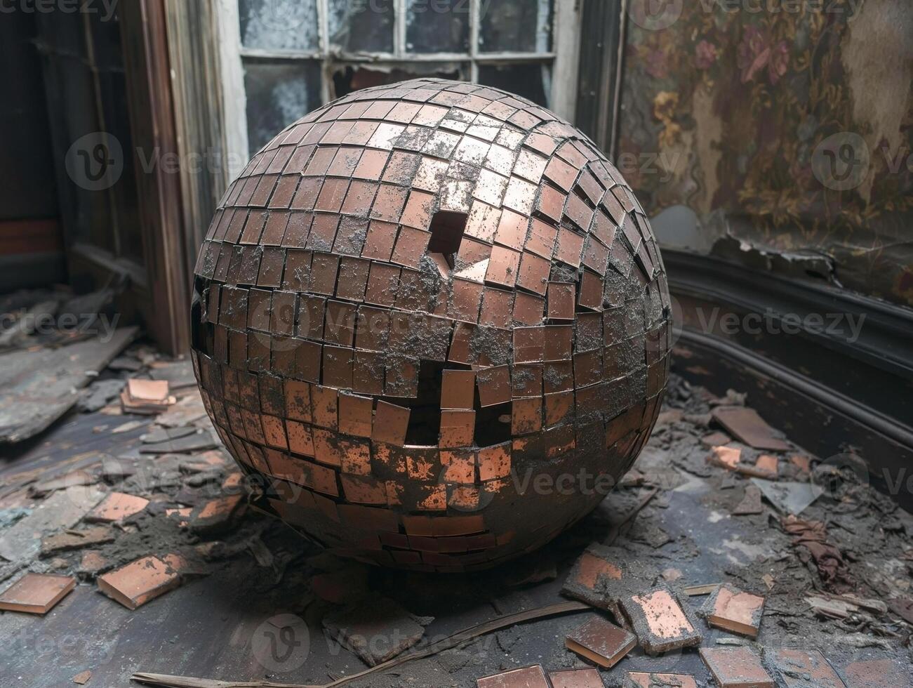A large, broken disco ball rests on a dusty floor, surrounded by debris in an abandoned room, evoking nostalgia and decay. photo
