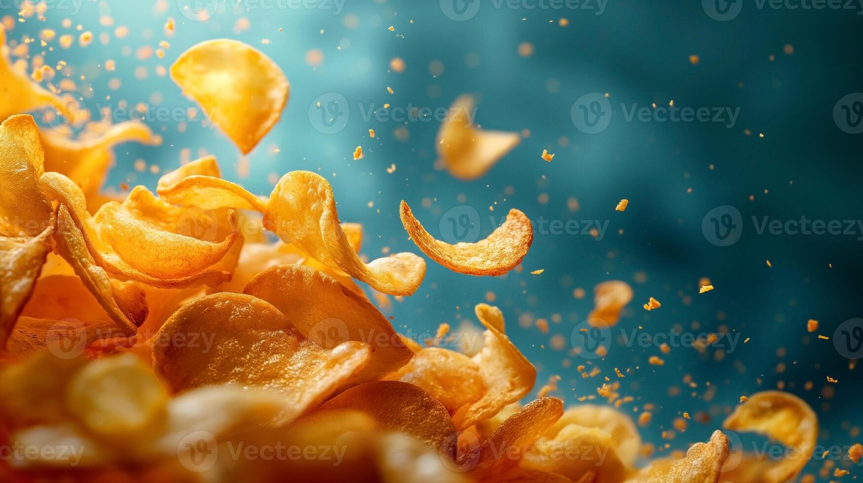 Crispy golden potato chips flying through the air against a vibrant blue background, capturing a moment of snack time joy. photo