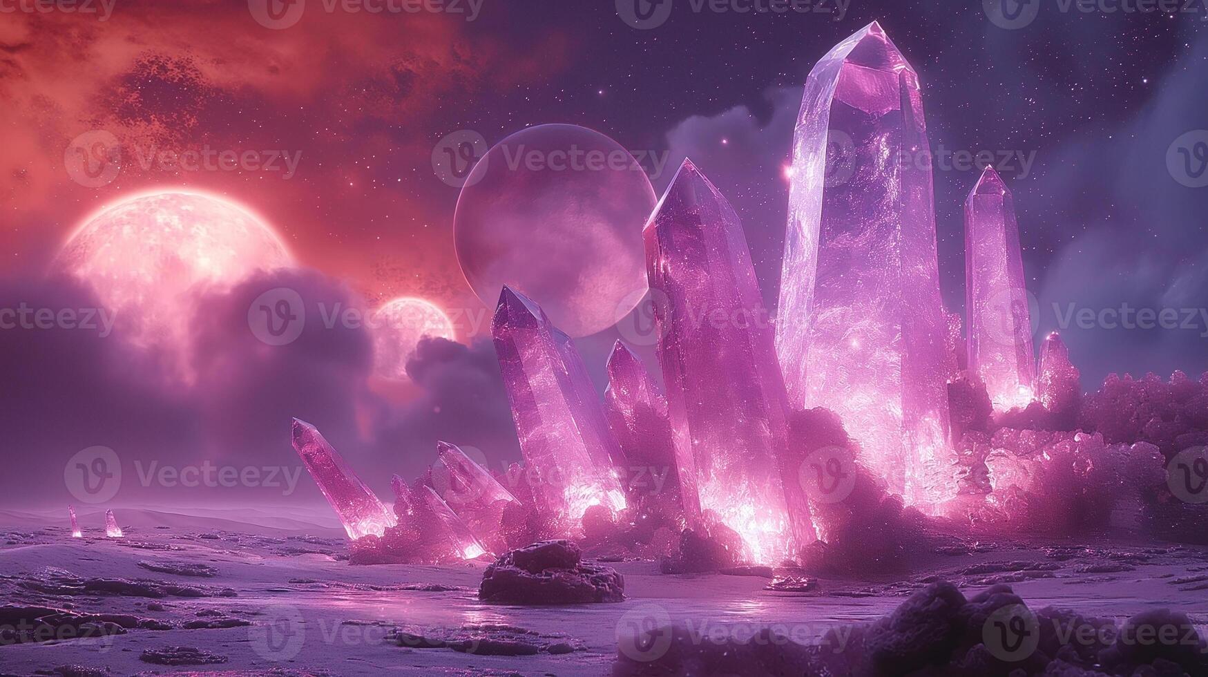 An ethereal scene featuring sparkling purple crystals on an alien landscape, illuminated by vibrant cosmic colors. photo