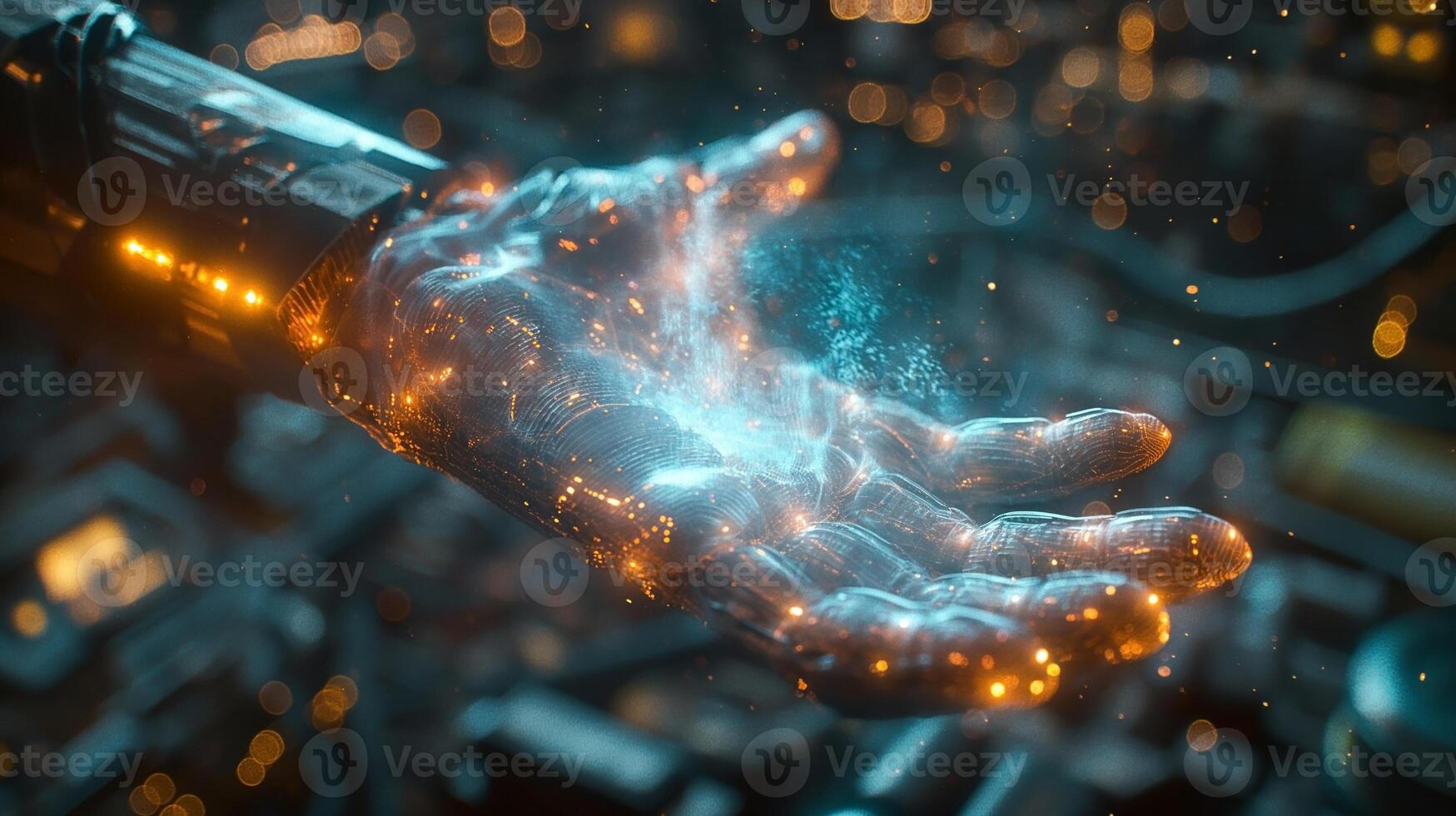 A futuristic robotic hand emitting a glowing blue mist, symbolizing technology and innovation. photo