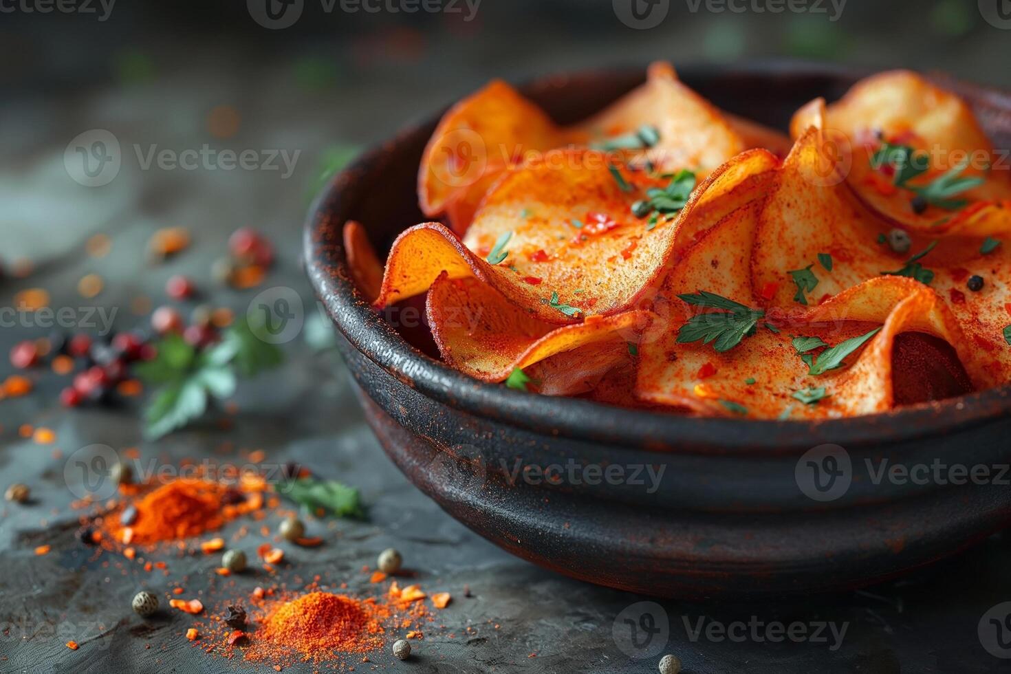 A close-up of a rustic bowl filled with spicy red potato chips garnished with herbs. photo