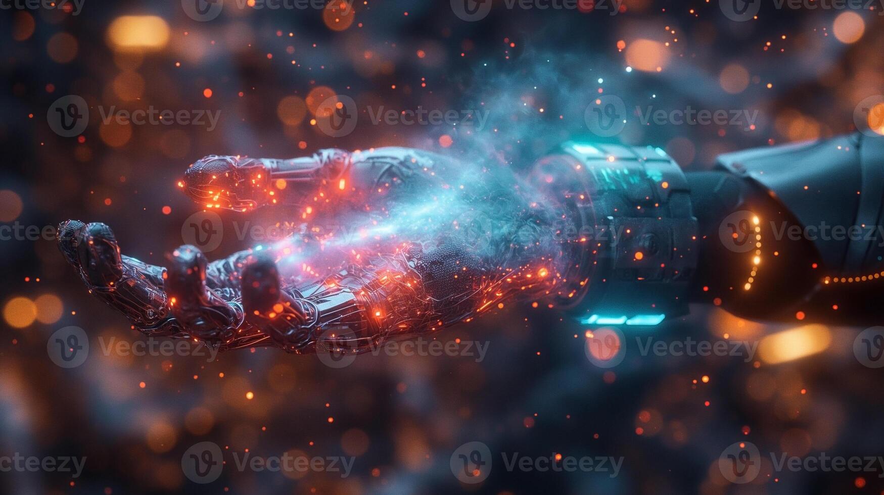Futuristic robotic hand emitting glowing particles, embodying innovation and technology. photo