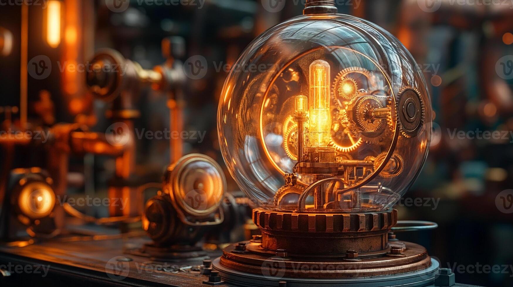 A beautifully crafted steampunk light fixture featuring intricate gears and warm glowing light. photo