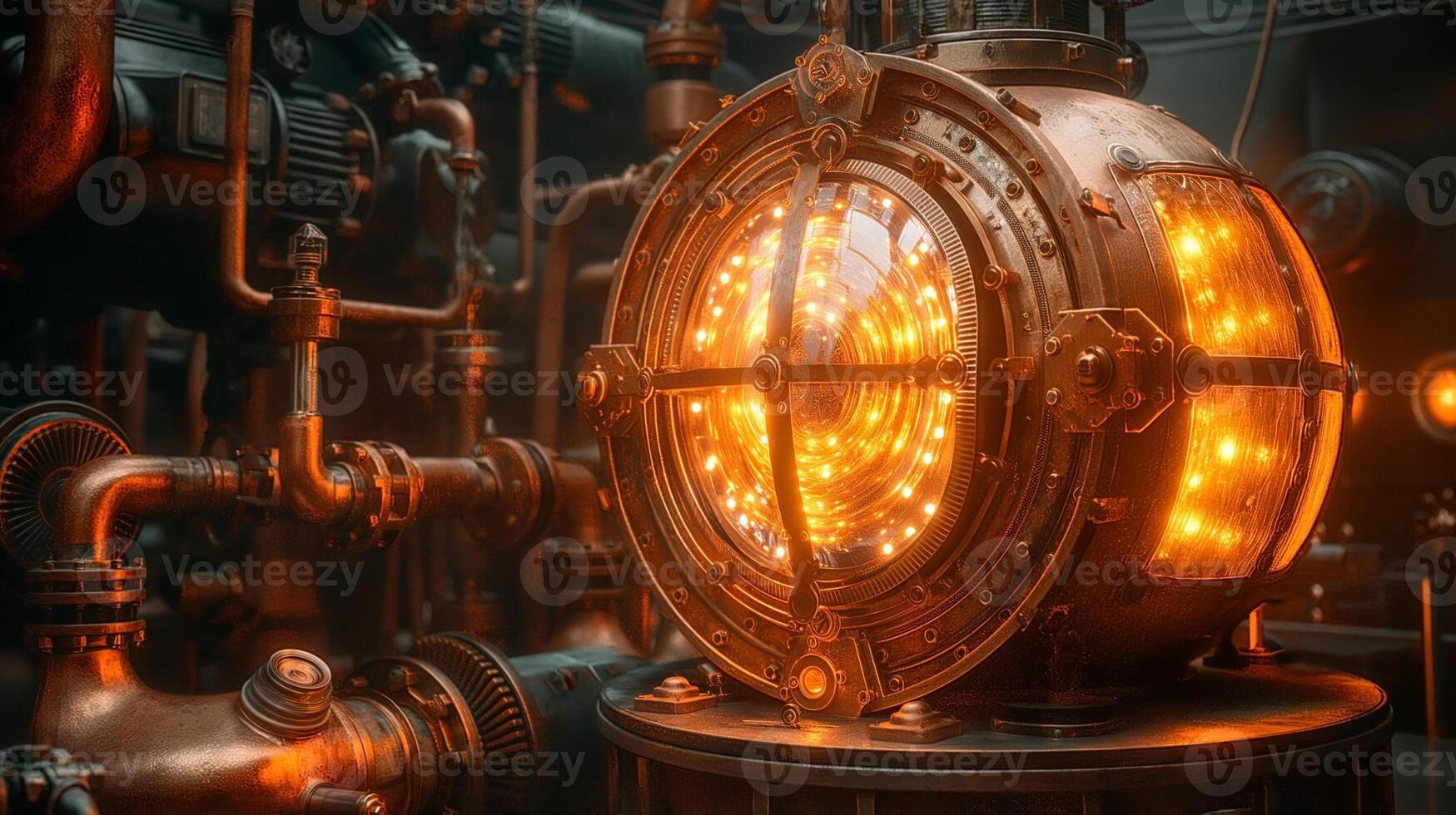 A stunning steampunk-inspired device with glowing orange lights, surrounded by intricate pipes and machinery. photo