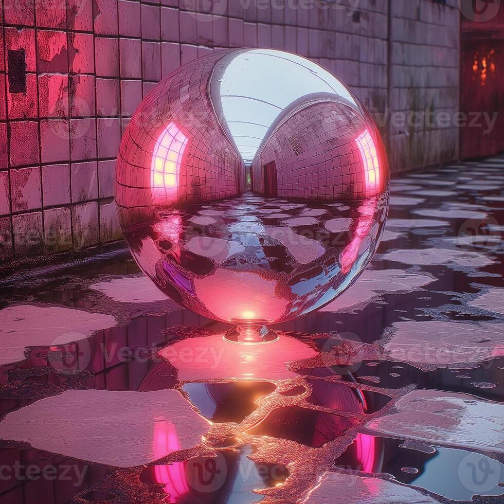 A reflective metallic sphere resting on a wet surface in an abandoned corridor, illuminated by vibrant pink light. photo