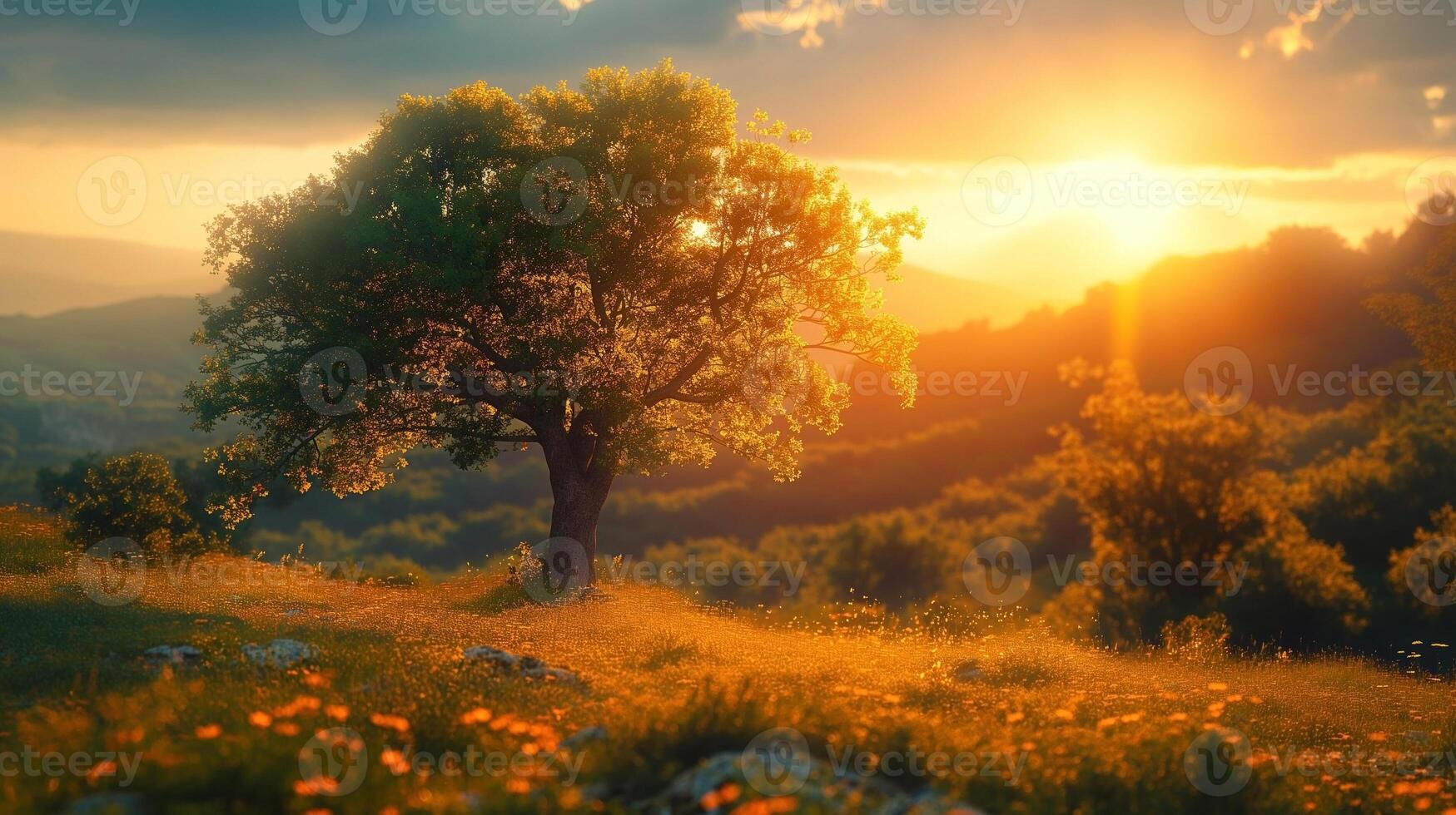 A tranquil sunset landscape featuring a solitary tree amidst vibrant wildflowers, casting long shadows in the golden light. photo