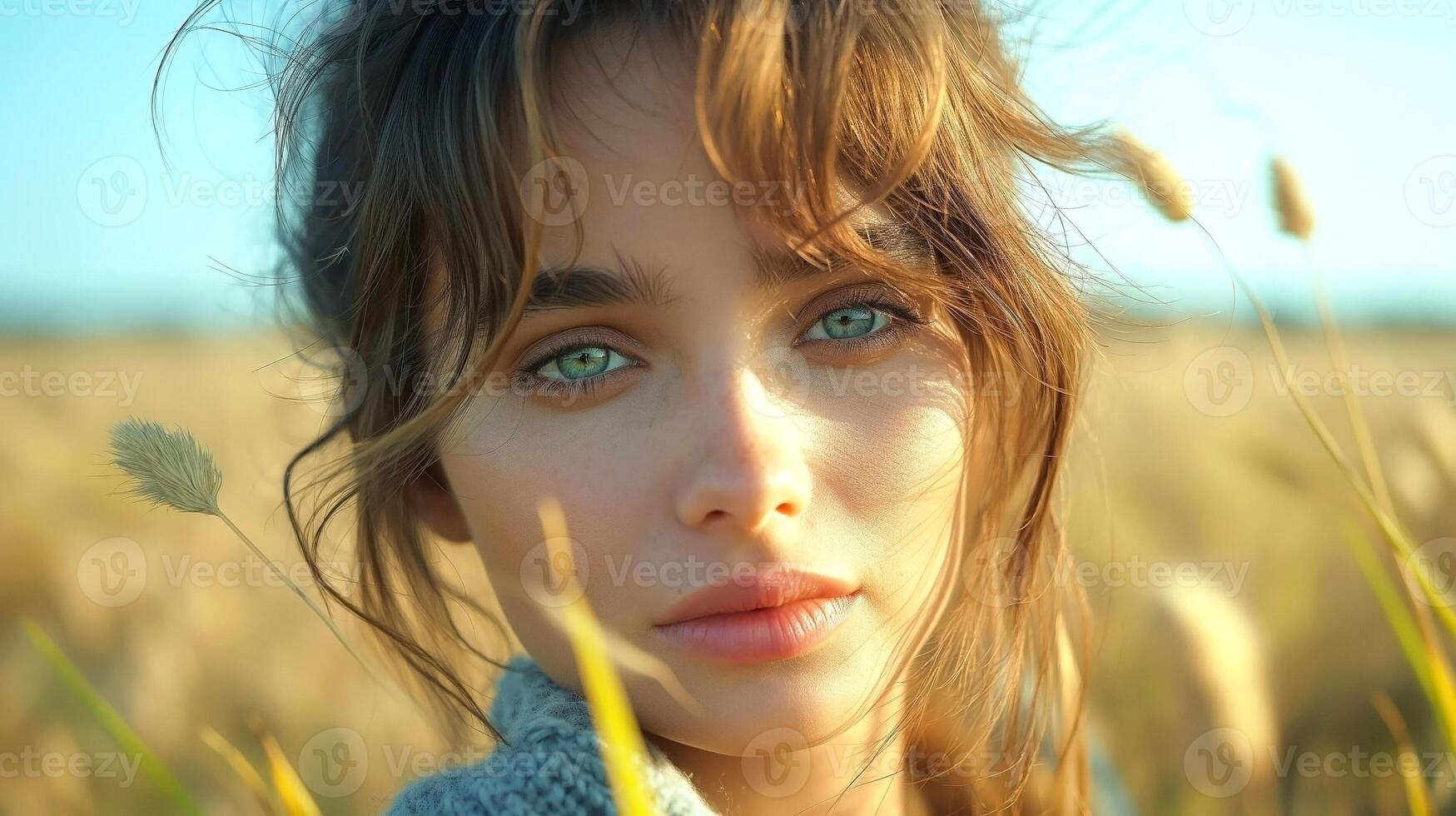A young woman with striking blue eyes stands amidst golden grass, embodying serenity and natural beauty in soft sunlight. photo