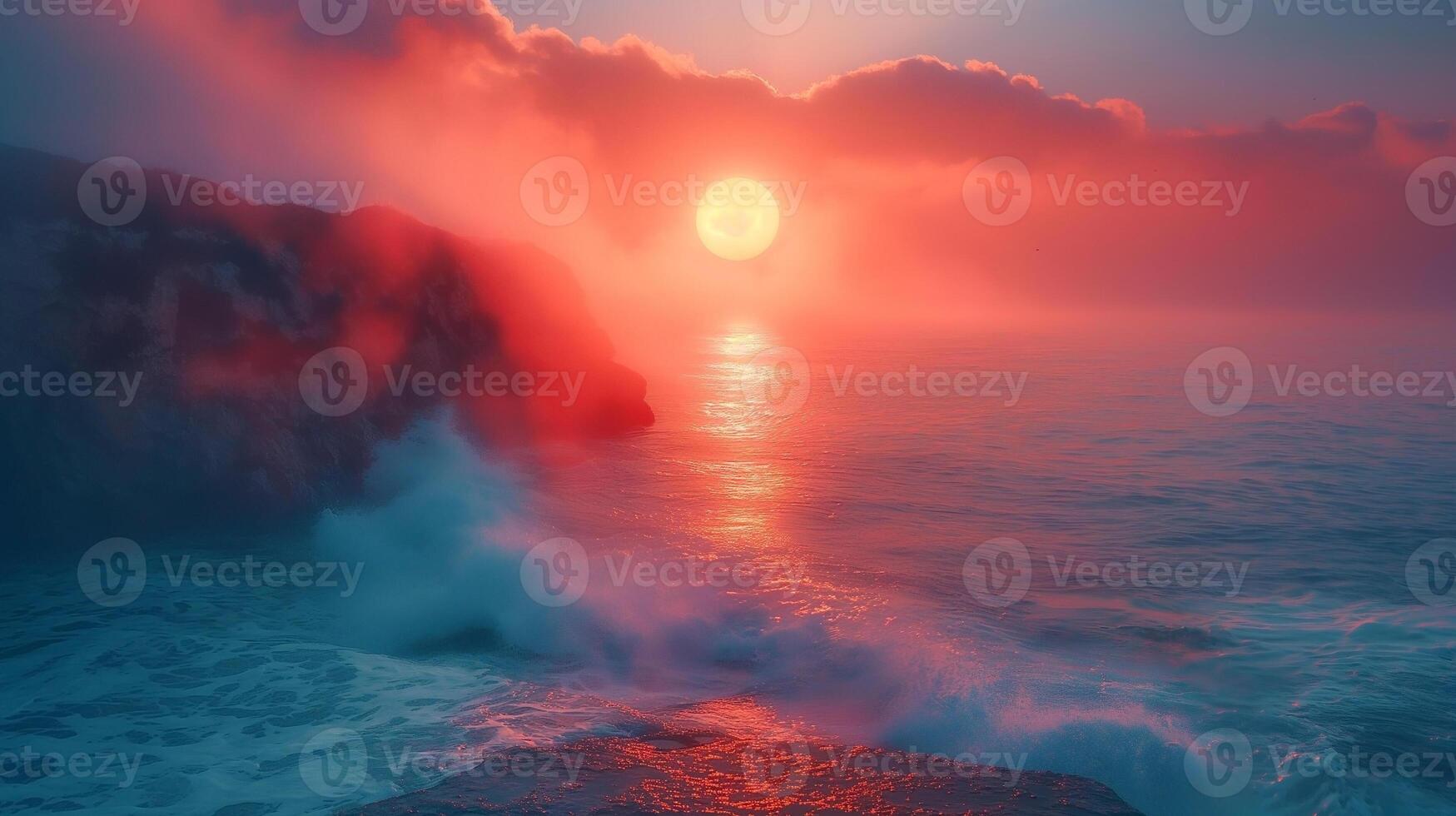 A breathtaking sunset over a tranquil ocean, with vibrant hues of orange and pink reflecting on the water's surface. photo
