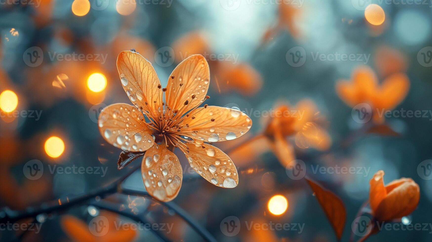 A beautiful close-up of an orange flower adorned with dew drops, set against a dreamy, blurred background of soft bokeh lights. photo
