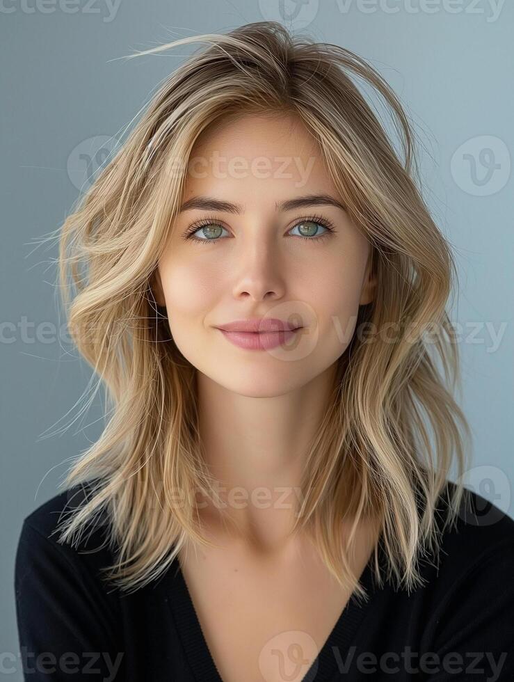 A young Caucasian woman with wavy blonde hair and captivating green eyes smiles warmly against a soft blue background. photo