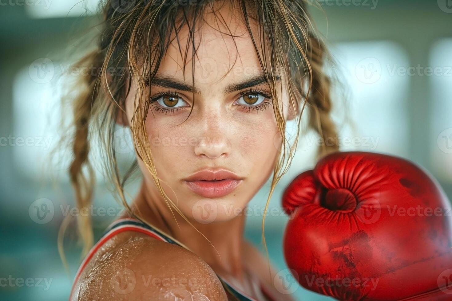 A determined young Hispanic woman with braided hair, exuding strength in a boxing gym, focusing intently on her next move. photo