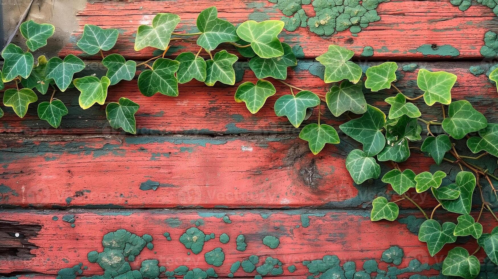 Vibrant green ivy climbing on textured, weathered red wooden surface, creating a striking contrast of colors. photo