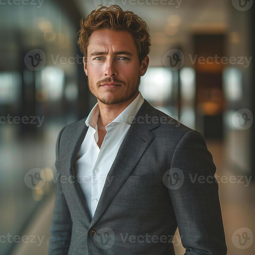Confident Caucasian man in a tailored suit, exuding professionalism and charm in a modern office setting. photo