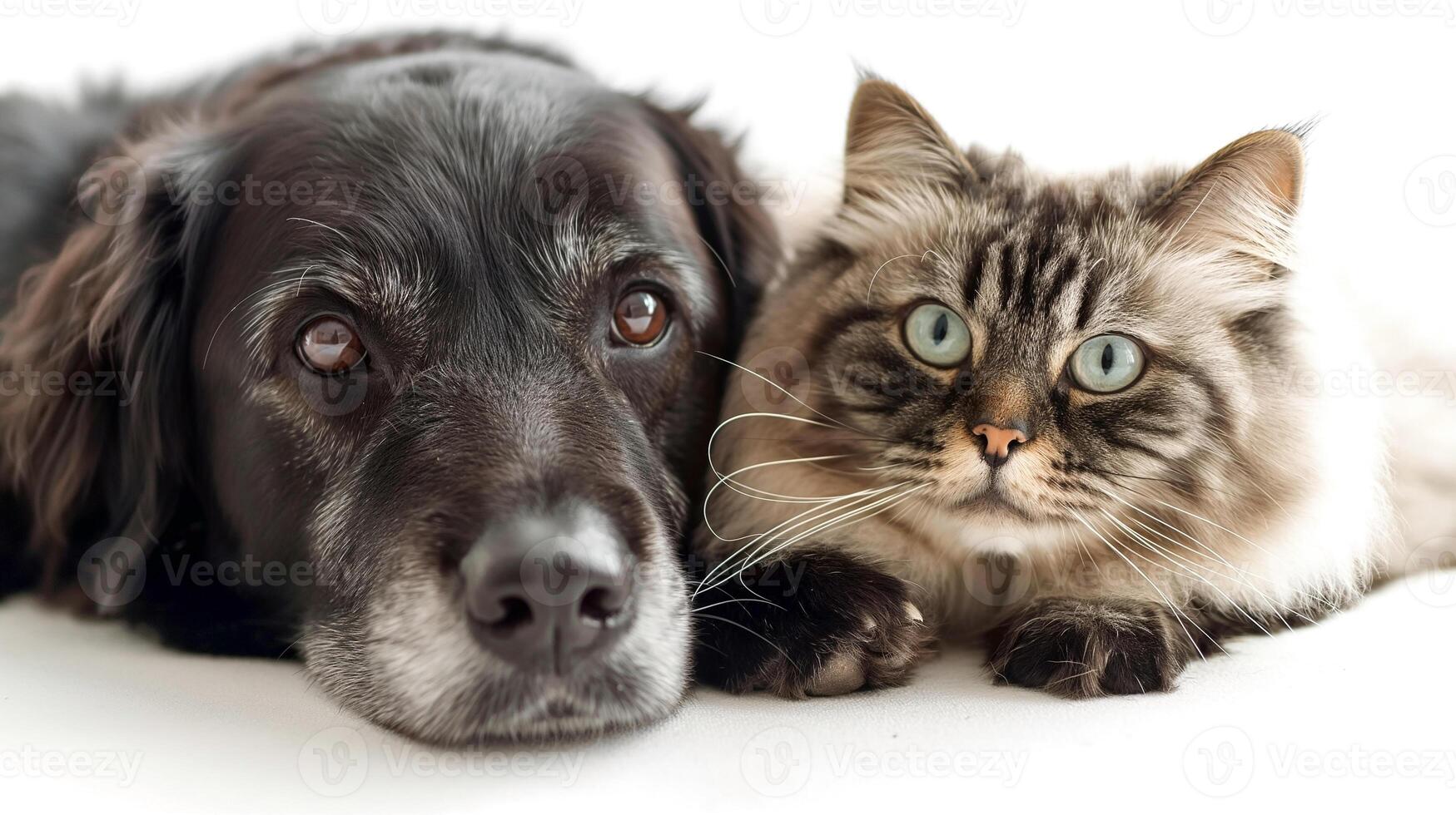 A black dog and a fluffy cat resting close together, showcasing a loving bond with serene expressions. photo