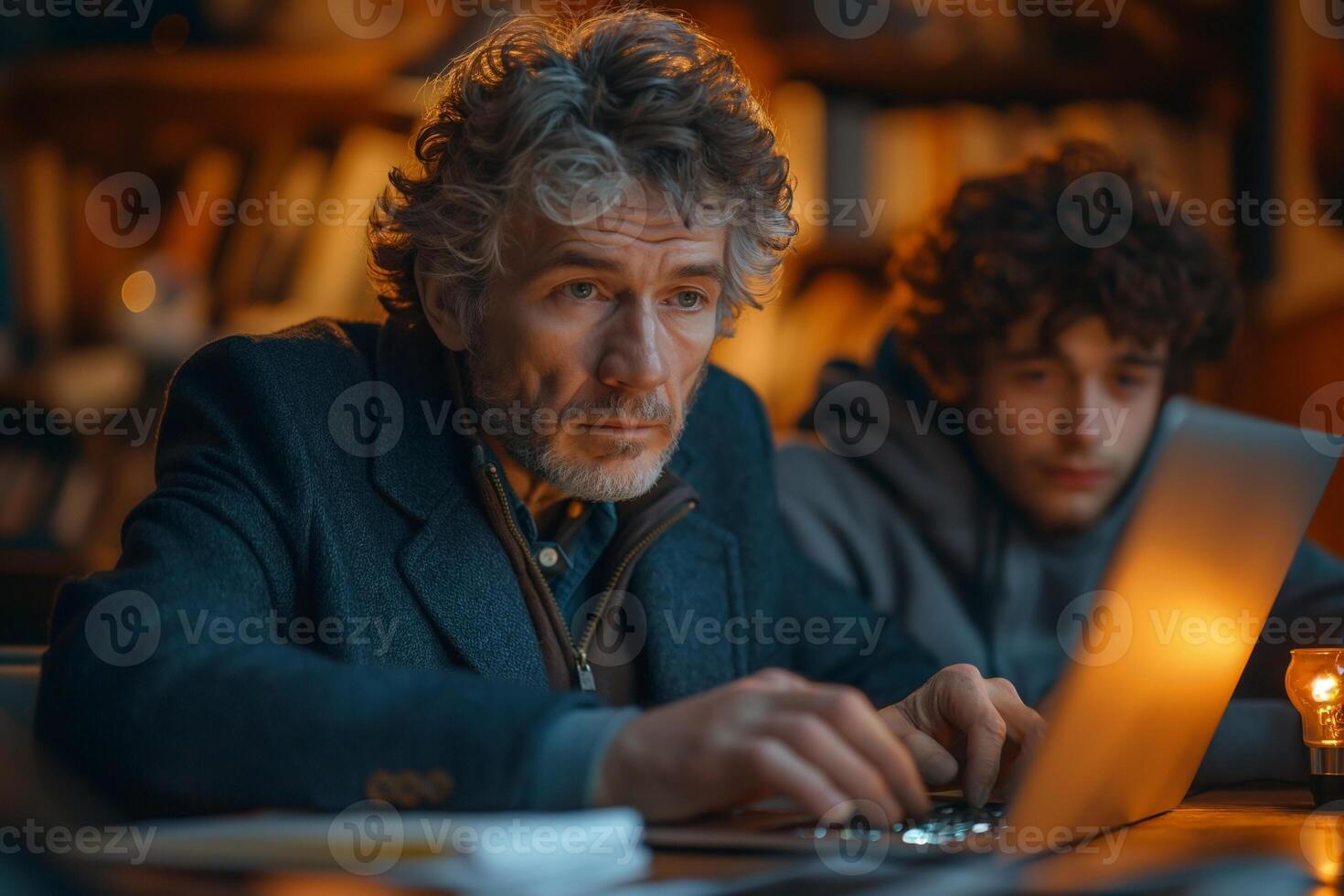 A thoughtful senior man and a young man collaborate on a laptop in a cozy, dimly lit room. photo