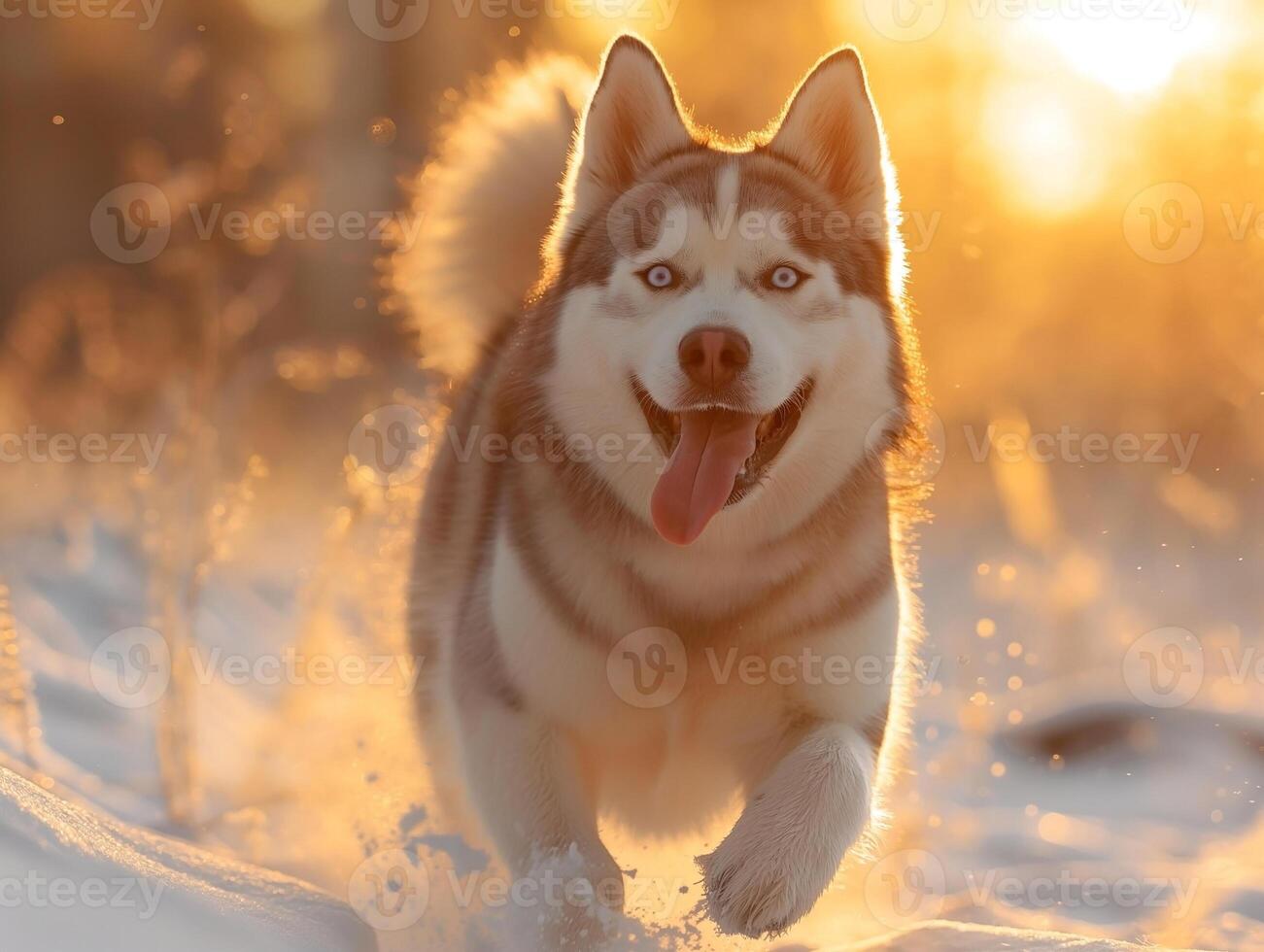 A happy Siberian Husky running through the snow at sunset, showcasing its playful spirit and beautiful fur. photo