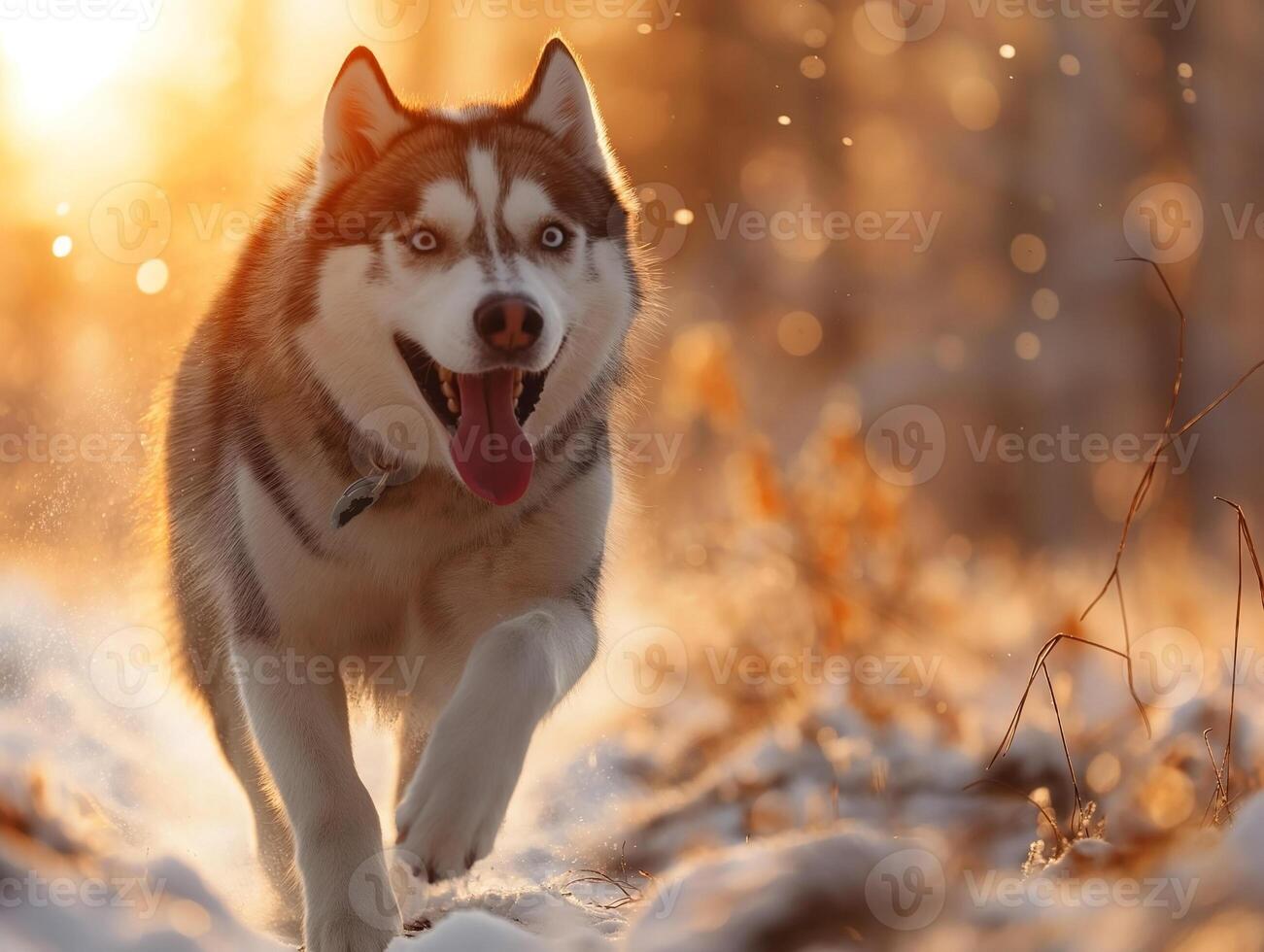 A playful Siberian Husky running through the snow at sunset, capturing the joy of winter with its vibrant energy. photo
