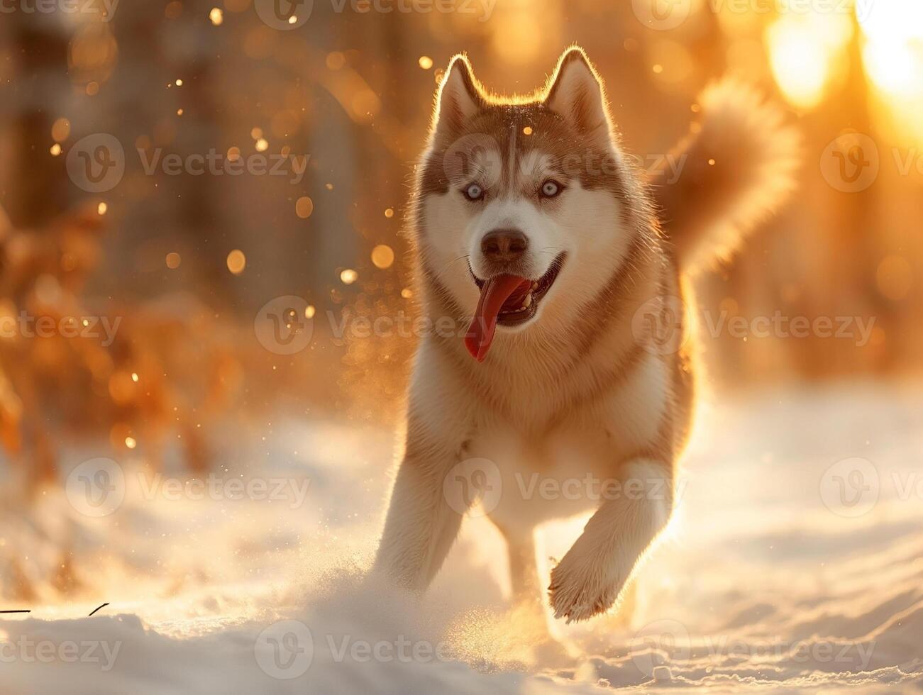 A Siberian Husky joyfully runs through the snowy forest, bathed in warm golden light during sunset. photo