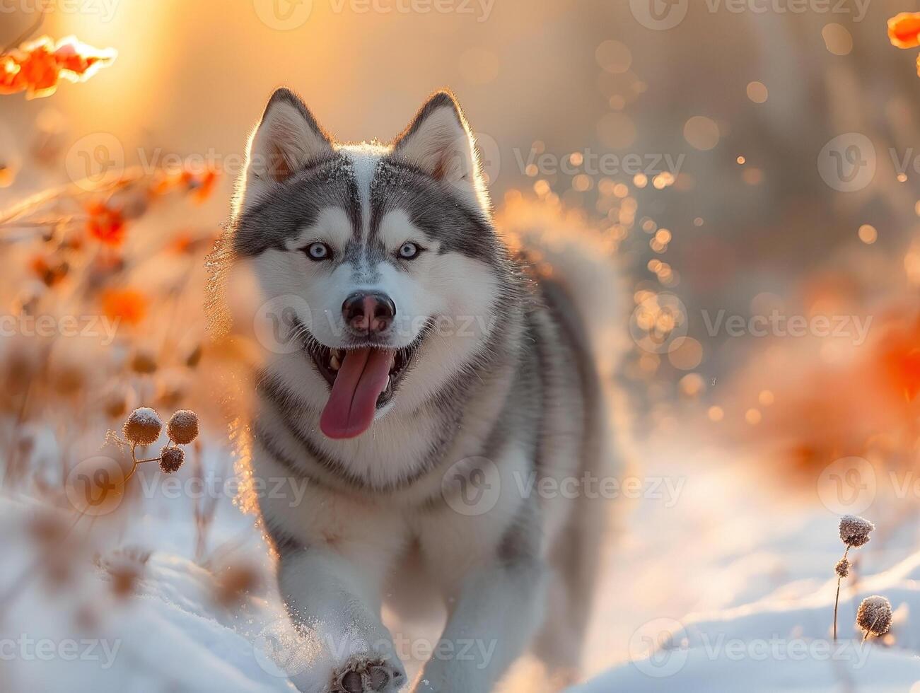 A playful Siberian Husky joyfully running through a snowy landscape, with sunlight glistening through the trees. photo