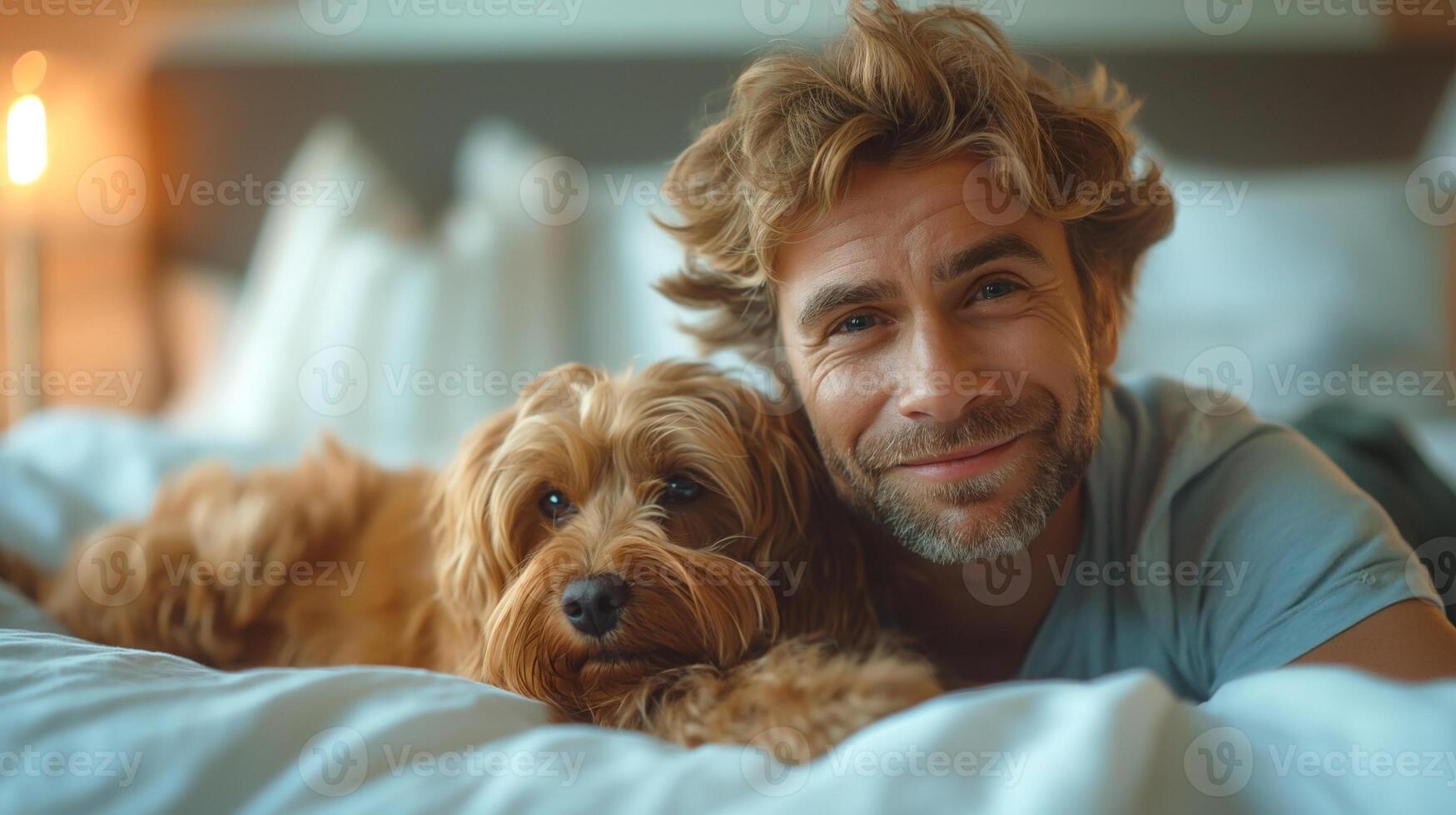 A smiling Caucasian man relaxes on a bed with his adorable golden dog, showcasing a warm and joyful bond between them. photo