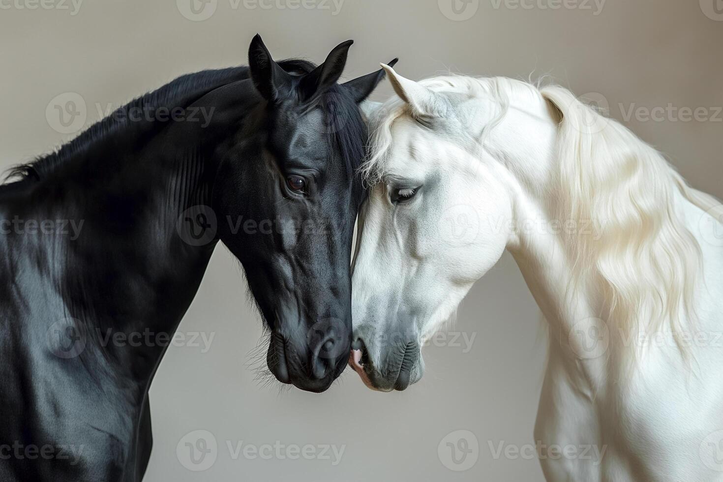A striking contrast between a black stallion and a white horse, showcasing grace and unity in their gentle interaction. photo