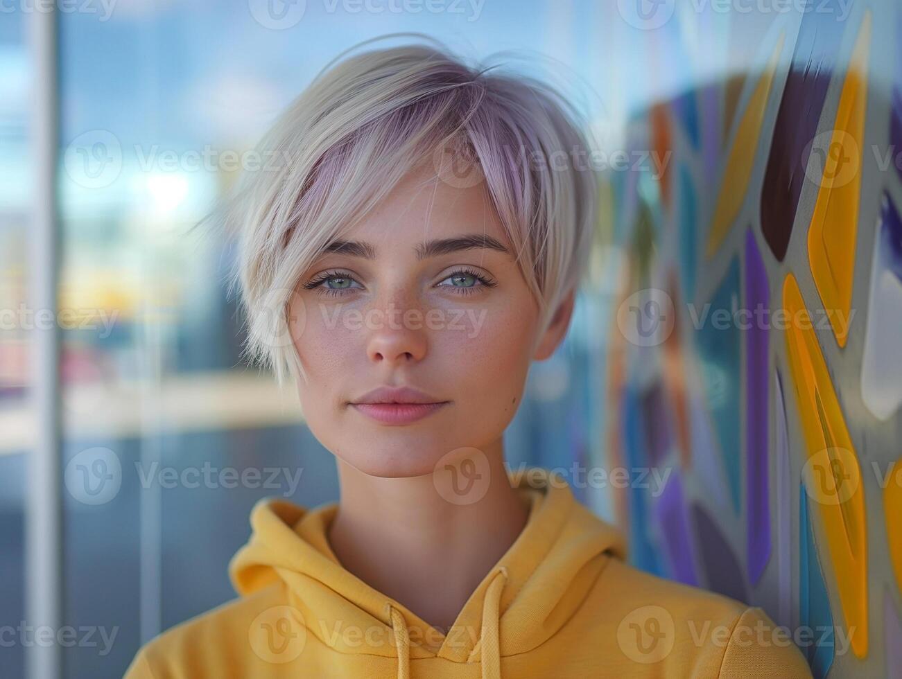 A young Caucasian woman with a stylish short haircut wearing a yellow hoodie, gazing thoughtfully against a colorful backdrop. photo