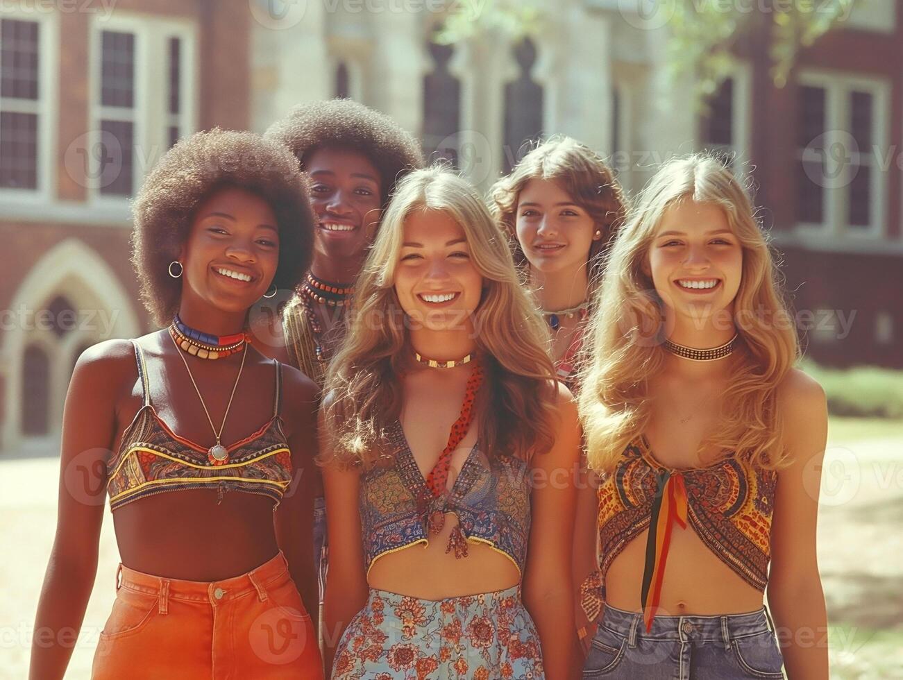 A vibrant group of five young women of diverse ethnic backgrounds, smiling in stylish bohemian outfits, showcasing a joyful outdoor atmosphere. photo