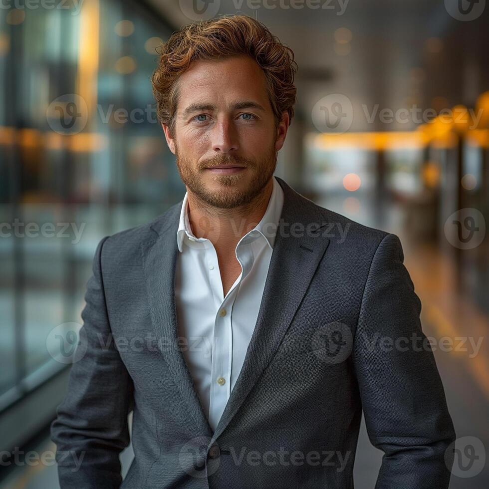 Confident young Caucasian man in a stylish suit portrait, set in a modern urban environment. photo