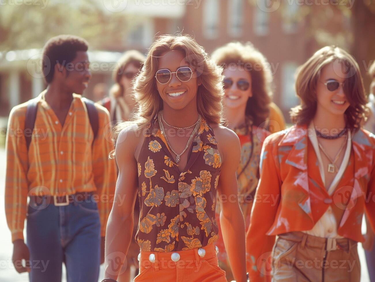 Group of stylish young adults walking confidently in vibrant 1970s-inspired outfits, embodying a joyful retro vibe. photo