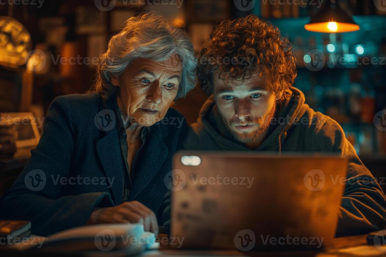 An elderly woman and a young man focus intently on a laptop screen, illuminated by warm ambient lighting in a cozy room. photo