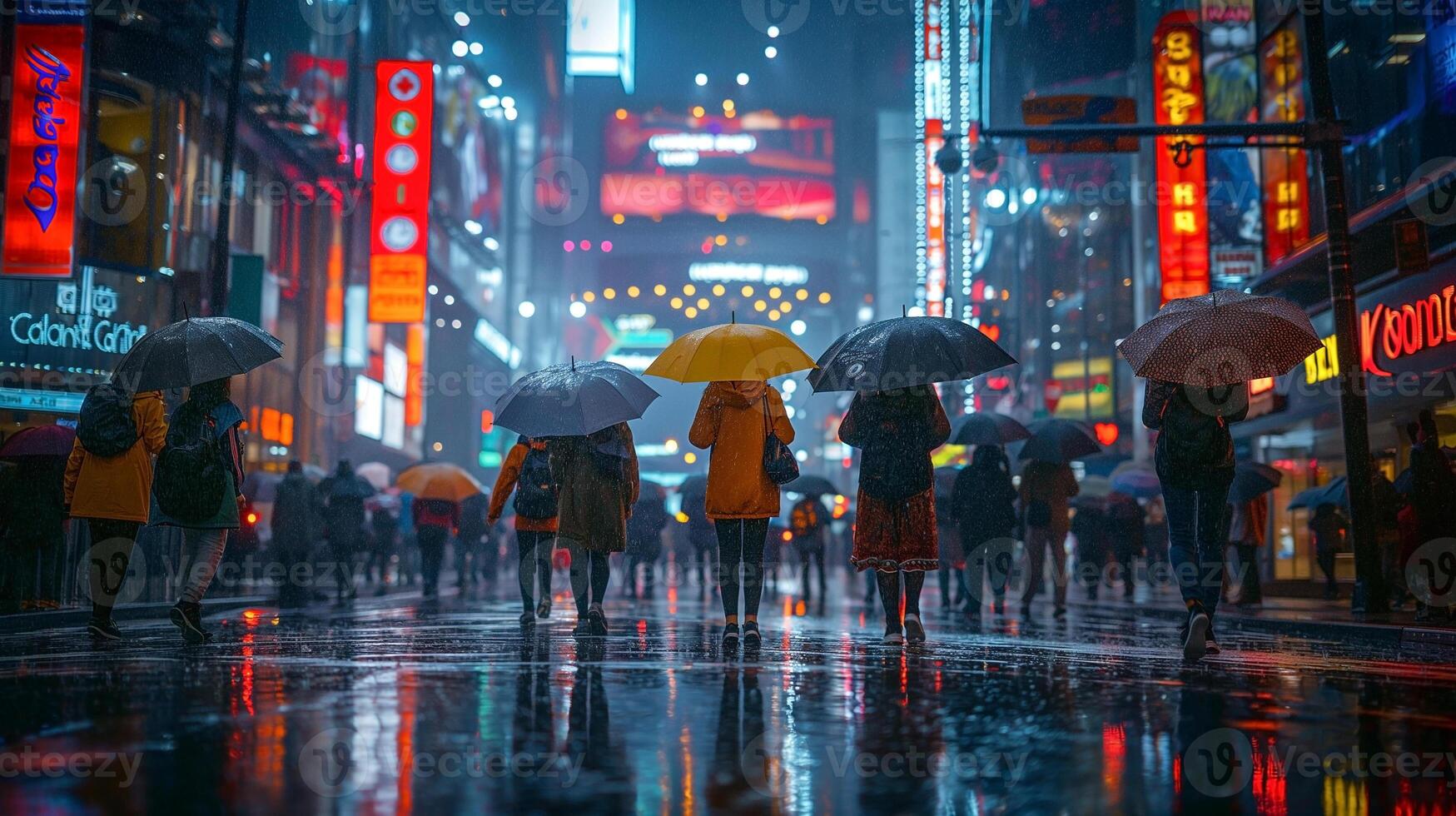 A diverse crowd with colorful umbrellas crosses a rain-soaked street in a vibrant cityscape at night. photo