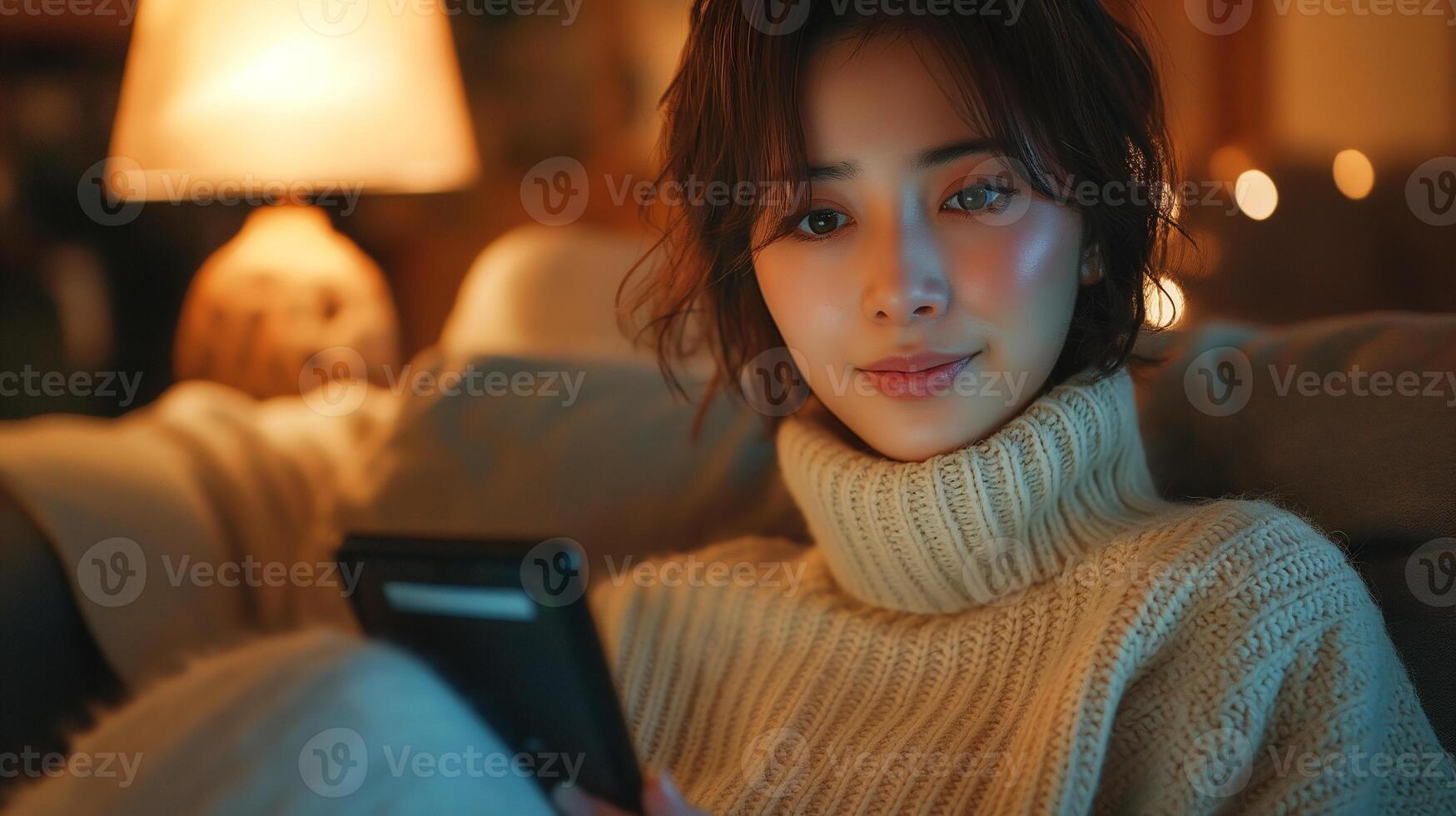 A young Asian woman enjoys a cozy evening at home, reading on her tablet by soft lamp light, radiating a warm and peaceful atmosphere. photo