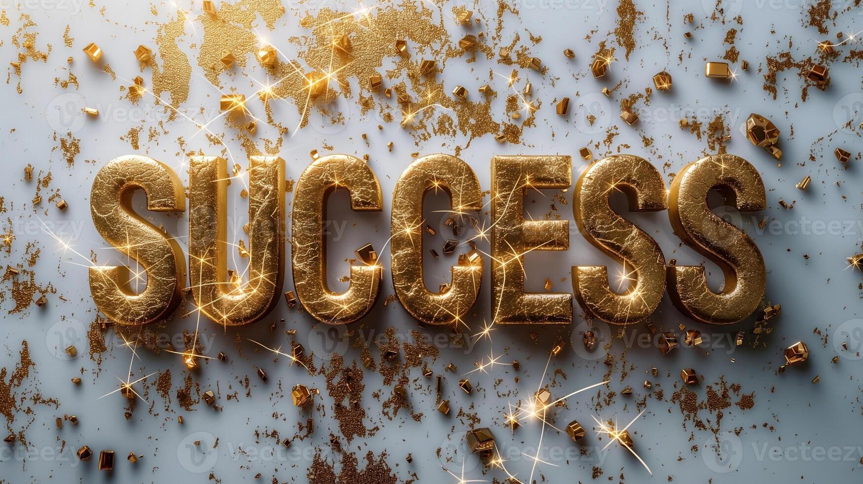 A shimmering, golden 'Success' word highlighted with sparkles, symbolizing achievement and motivation. photo