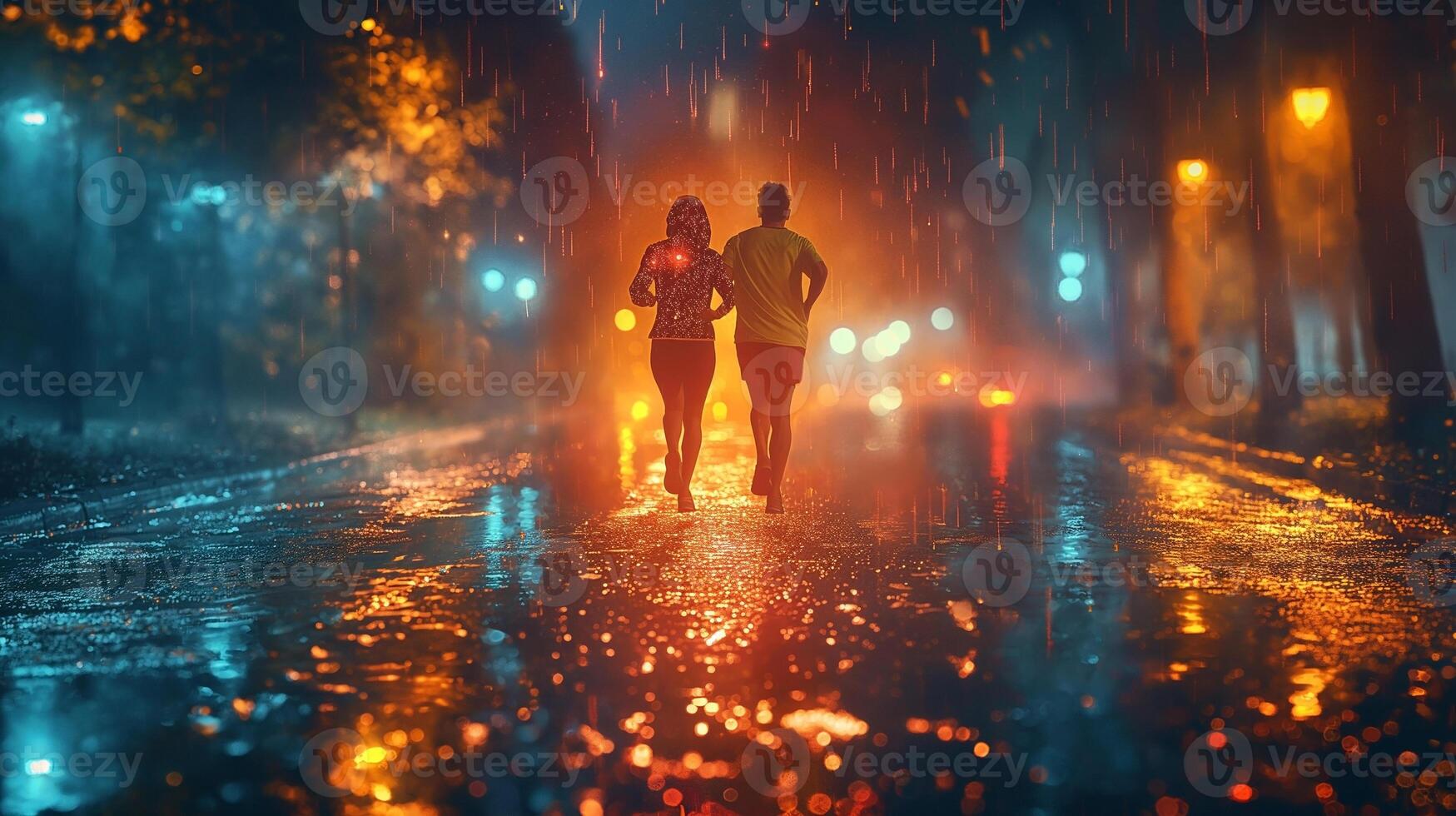 A couple running together in the rain, vibrant reflections on the wet pavement, creating a romantic and energetic atmosphere. photo