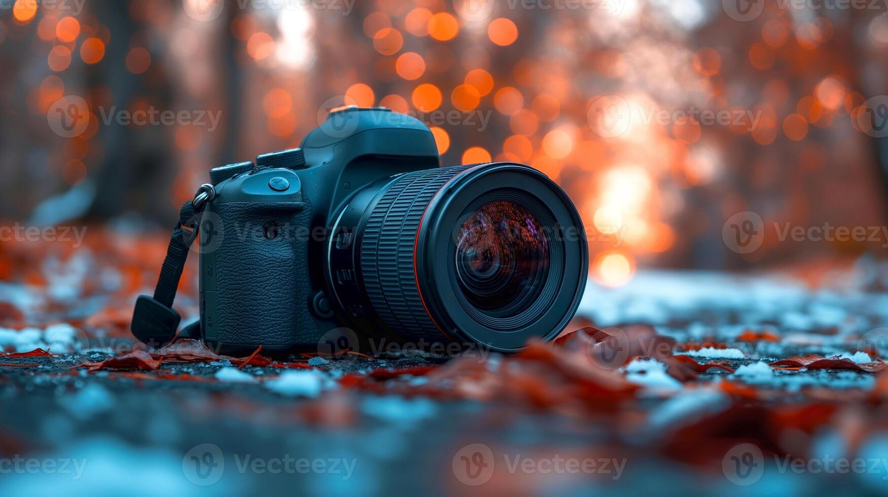 A professional DSLR camera rests on a snowy ground surrounded by autumn leaves, capturing the beauty of nature. photo